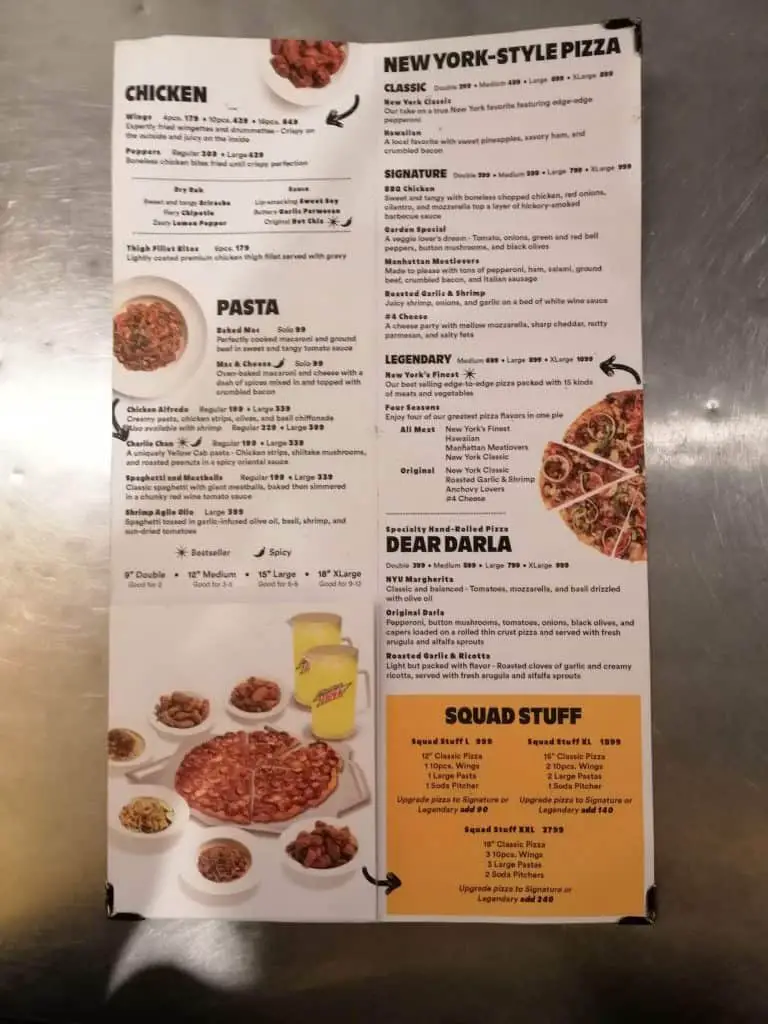Chicken Pizza, New York Pizza, And Pasta On Yellow Cab Menu