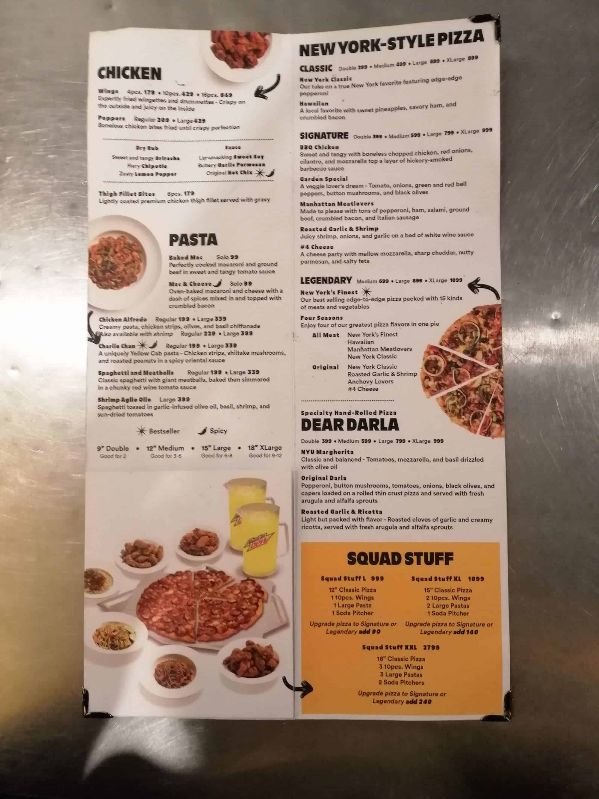 Chicken Pizza, New York Pizza, And Pasta On Yellow Cab Menu