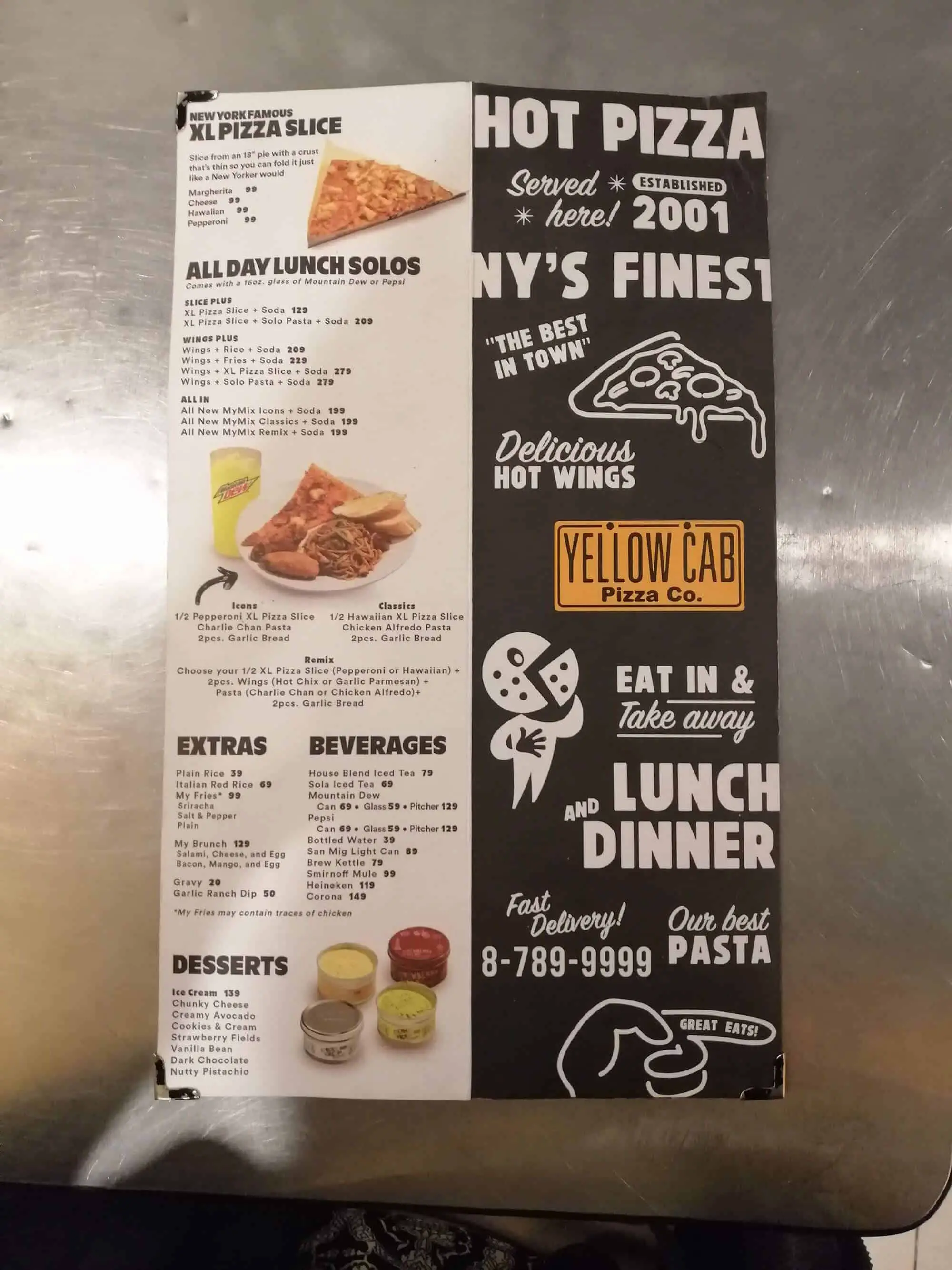 Menu At Yellow Cab Showing Extras, Beverages, And Xl Pizza Slices