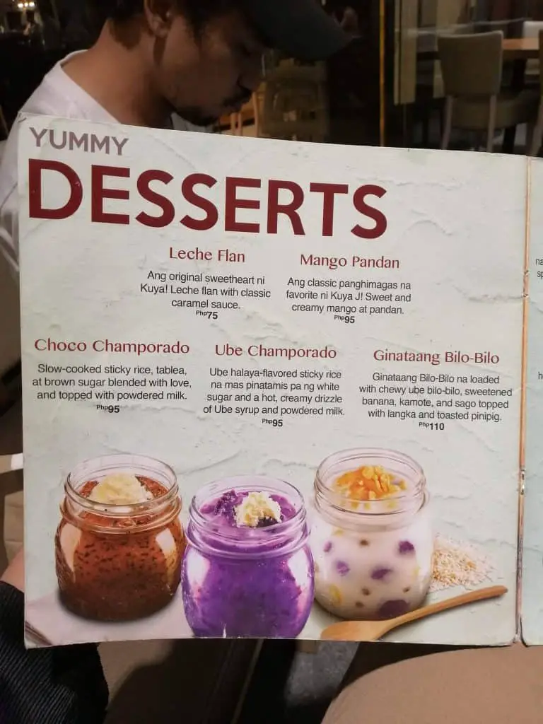 Different Types Of Desserts On The Menu At Kuya J
