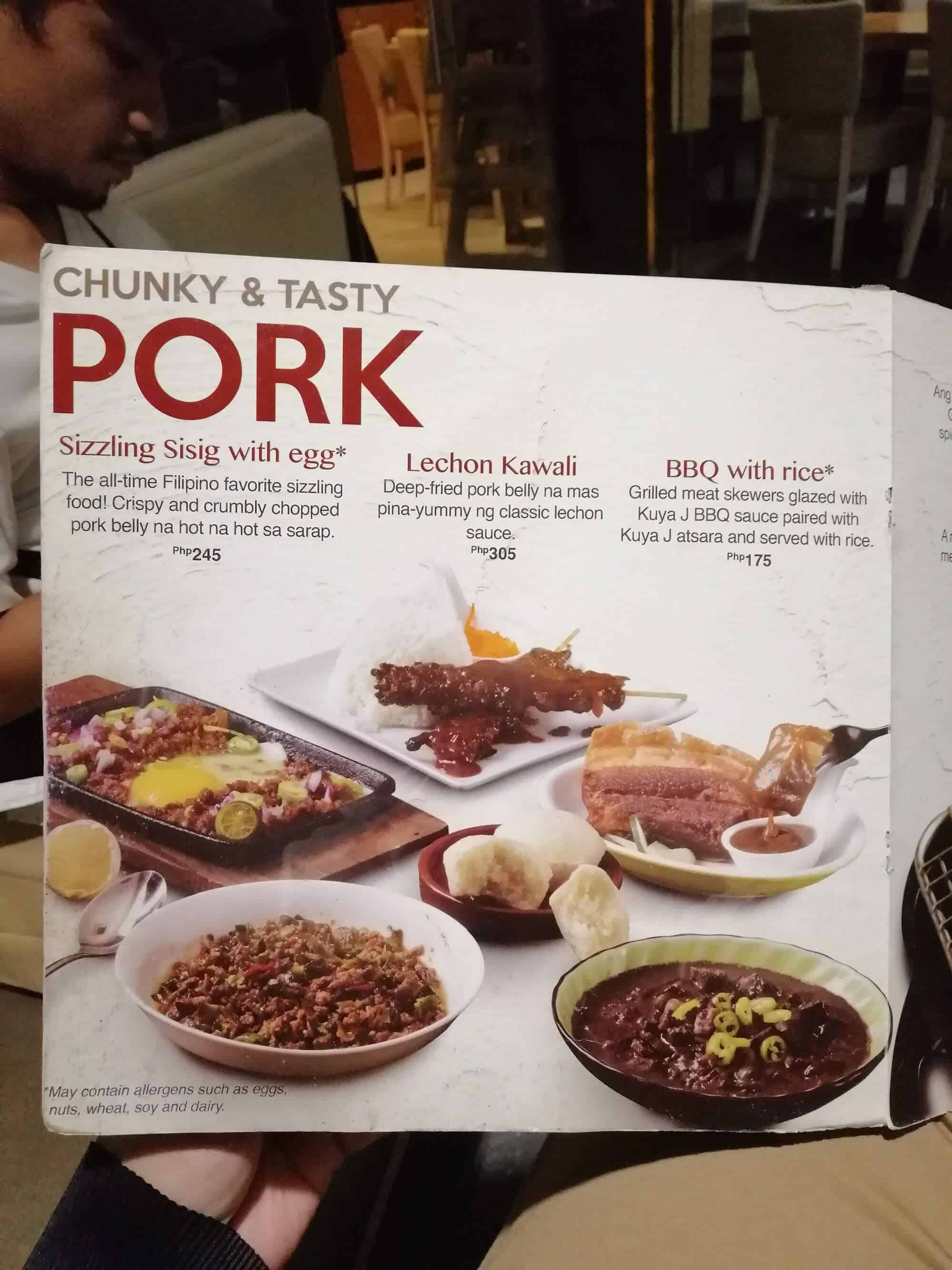 Kuya J Menu Featuring Pork Dishes