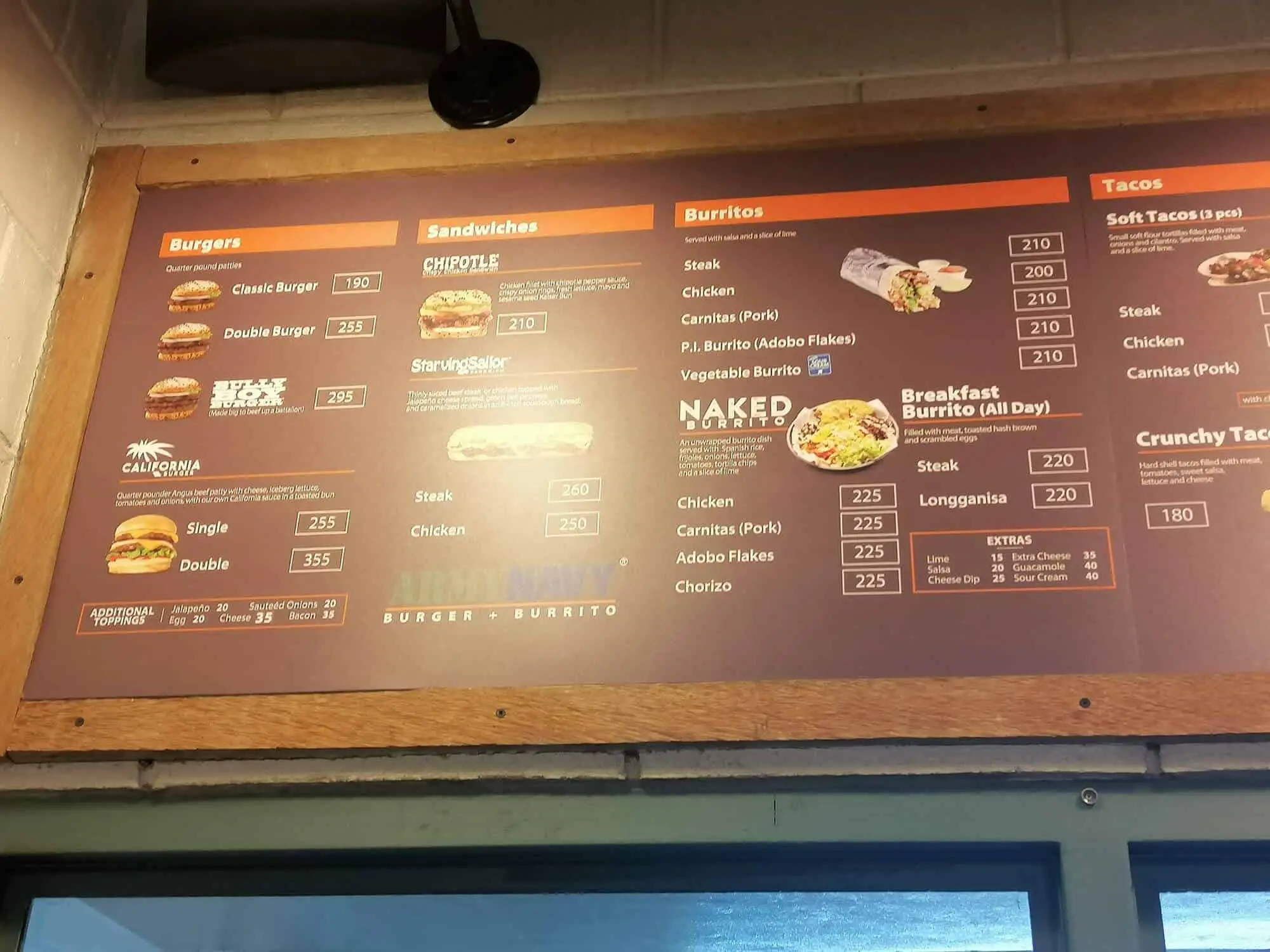 Menu At Army Navy Showing Burgers, Sandwiches, And Burritos