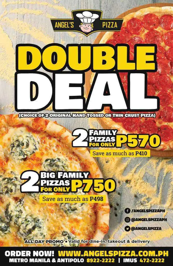 Angels Pizza Double Deal Poster with pepperonia pizza and spinach drip pizza