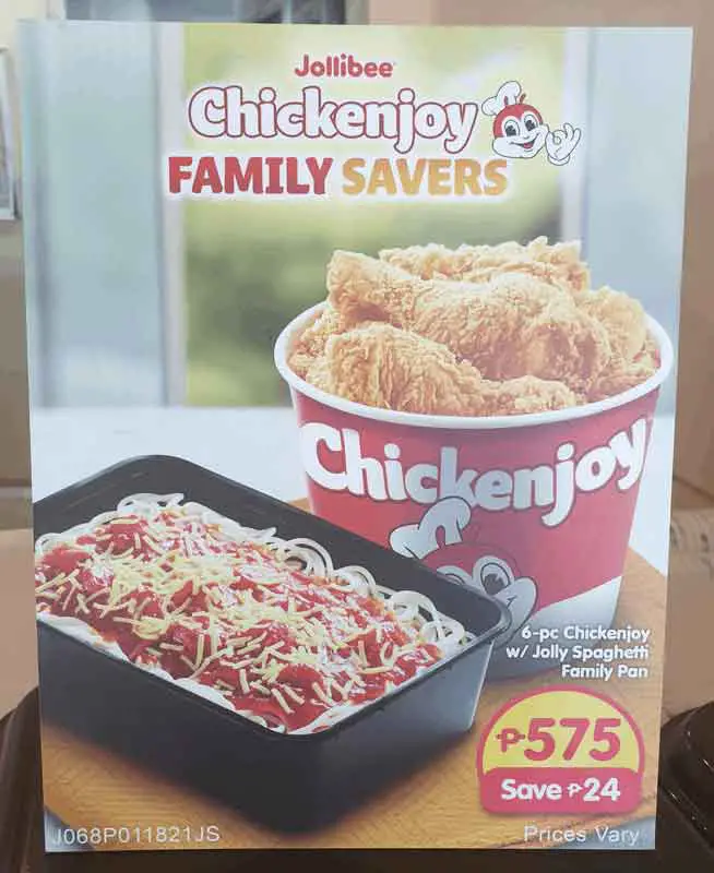 Jollibee Menu Philippines 2021 Family Savers 6 pc Chickenjoy and spaghetti