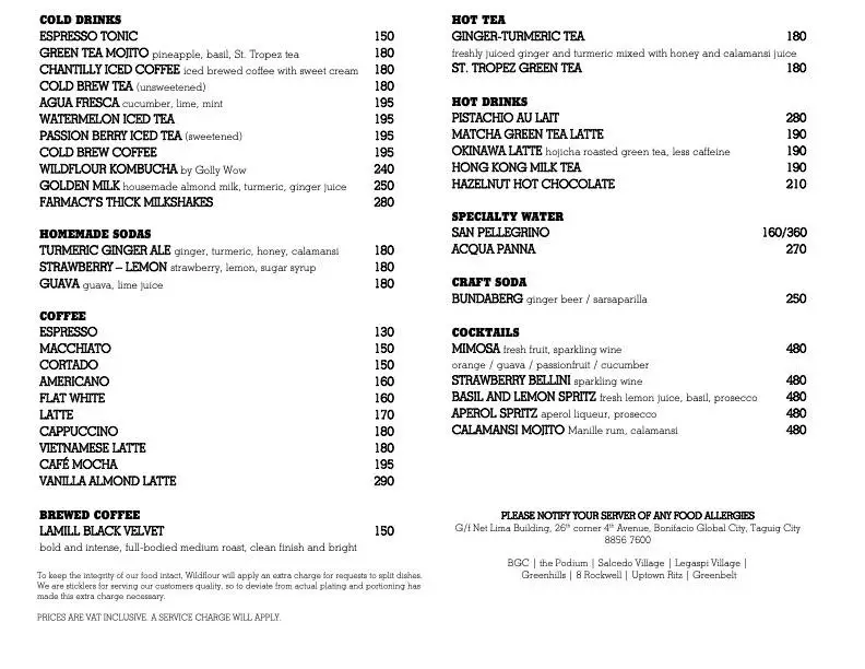 Wildflour Lunch And Dinner Drinks Menu