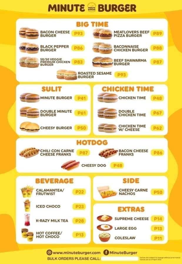 Minute Burger Menu List