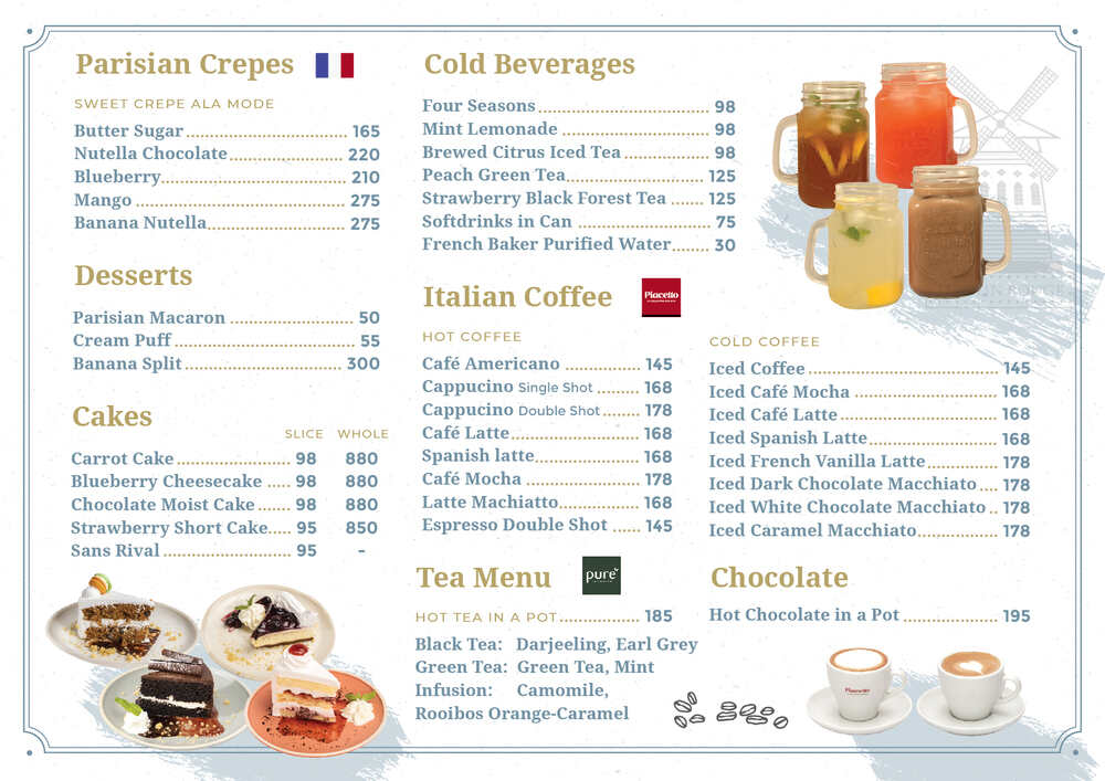 French Baker Parisian Crepes Desserts Cakes Cold Beverages Italian Coffee Tea Menu Cold Coffee And Chocolate